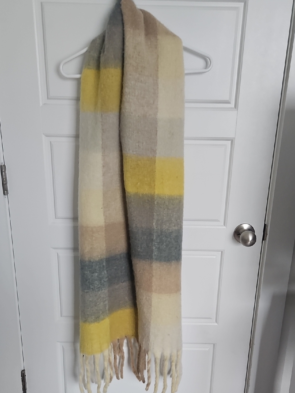 Cozy Plaid Fringe Scarf in Yellow, Gray & Cream